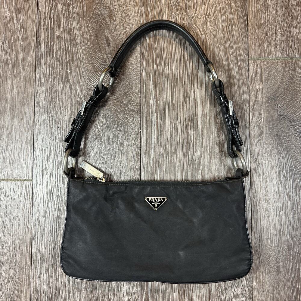 Vintage PRADA Tessuto Nylon Black Shoulder Bag Purse Logo Jacquard Italy